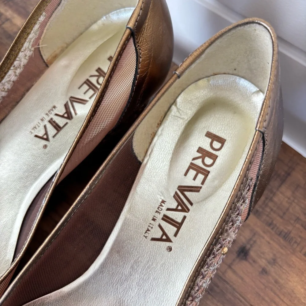 Prevata Gold and Brown Mesh Peep-Toe Wedge Size 6
